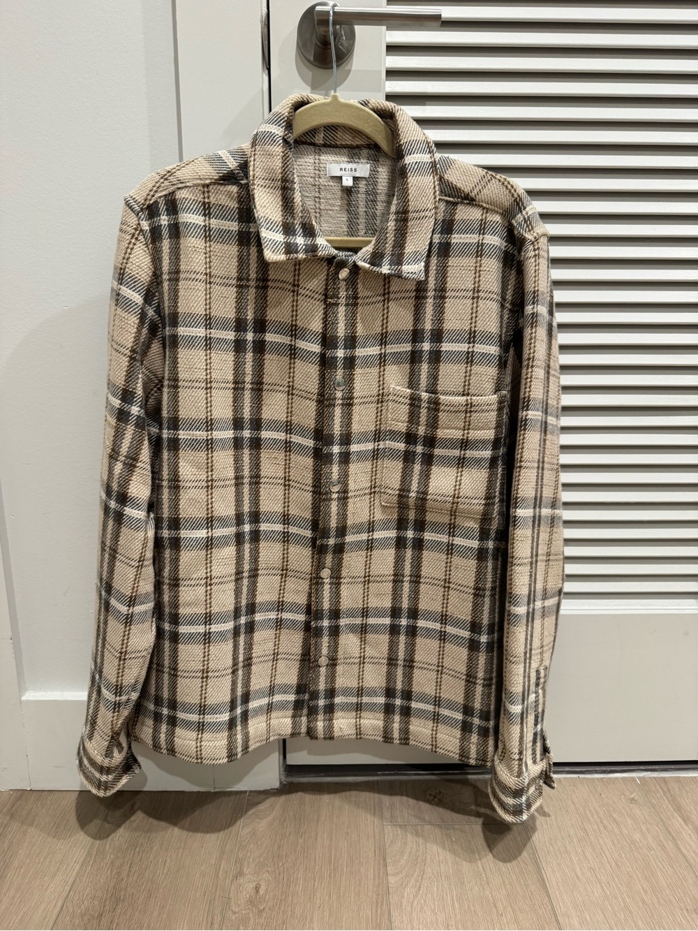 Reiss Beige and Black Plaid Lightweight Shirt Jacket